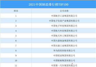 2021中国制造排行榜TOP100
